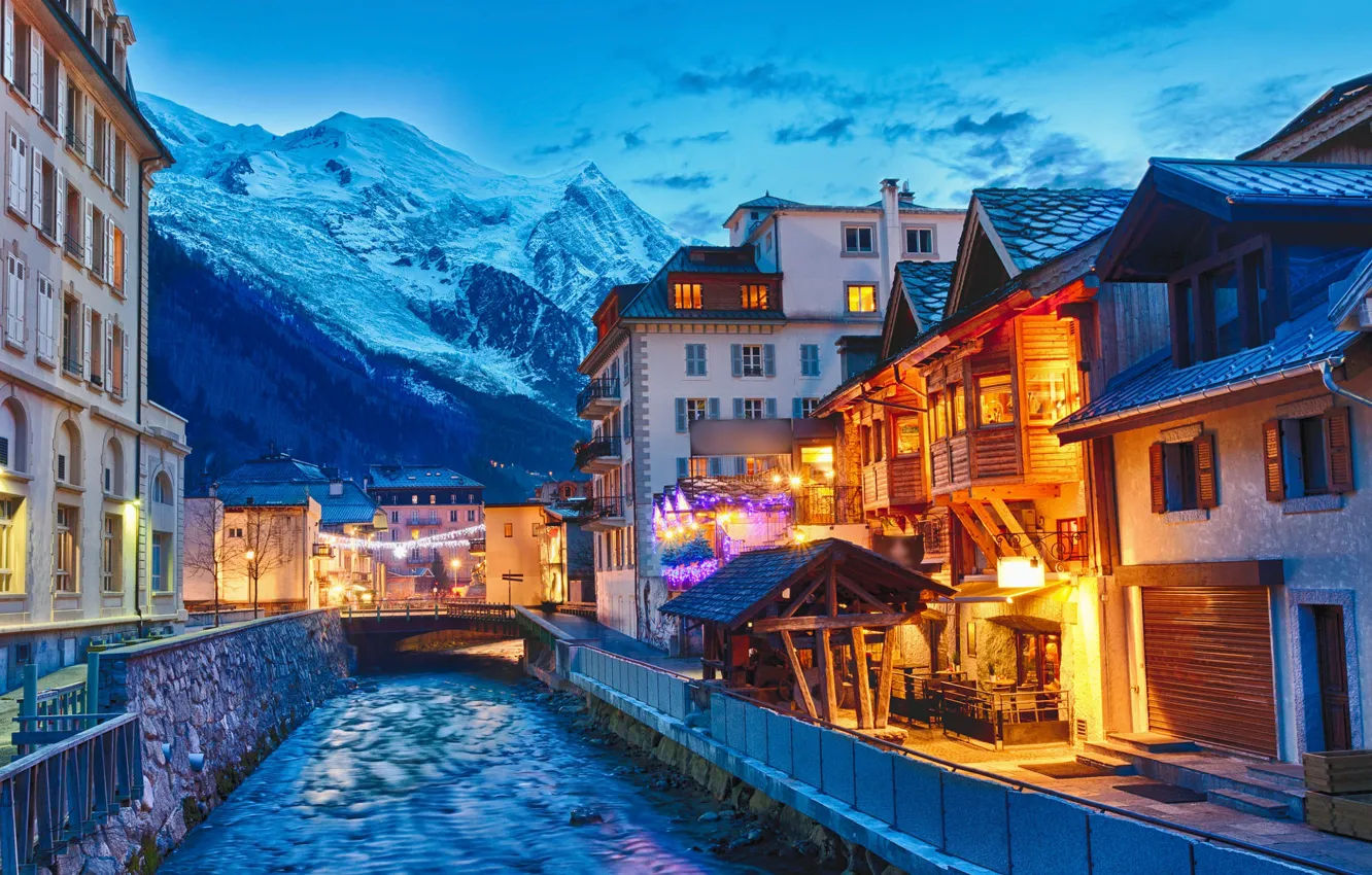 Photo wallpaper winter, mountains, the city, France, home, the evening, lighting, channel