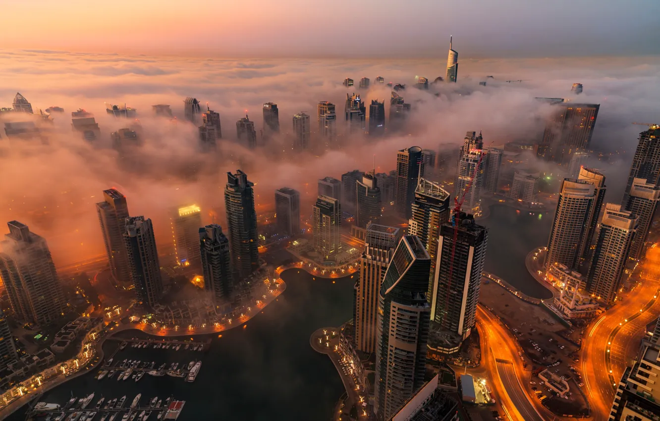 Photo wallpaper the city, lights, fog, the evening, Dubai, UAE