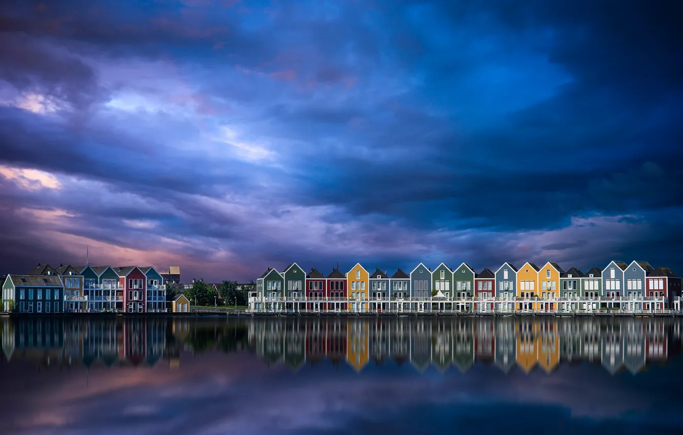 Photo wallpaper the sky, water, clouds, clouds, the city, reflection, house, Netherlands