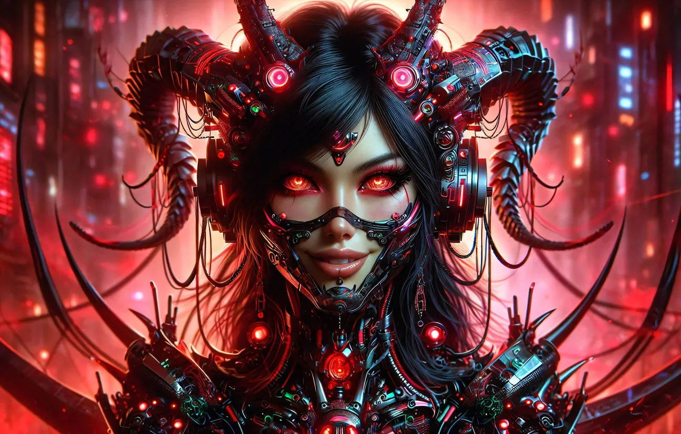 Photo wallpaper girl, robot, the demon, horns, cyborg