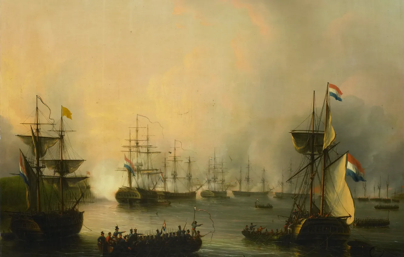 Photo wallpaper sea, ship, oil, picture, sail, canvas, The Martinus Schoeman, Bombardment Of Palembang