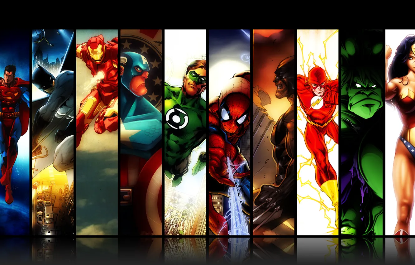 Photo wallpaper Wonder Woman, Hulk, Batman, Wolverine, superhero, Iron Man, Green Lantern, Captain America
