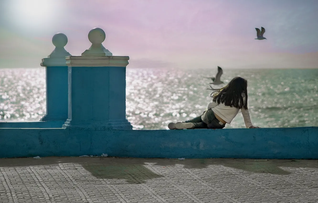 Photo wallpaper the ocean, bird, seagulls, girl, Spain, promenade, Spain, Andalusia