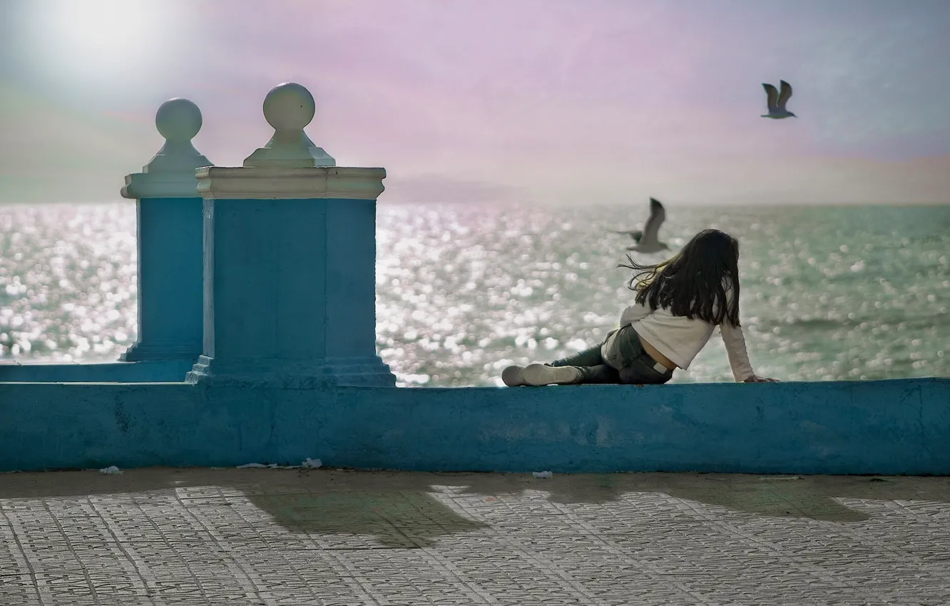 Photo wallpaper birds, the ocean, seagulls, girl, Spain, promenade, Spain, Andalusia