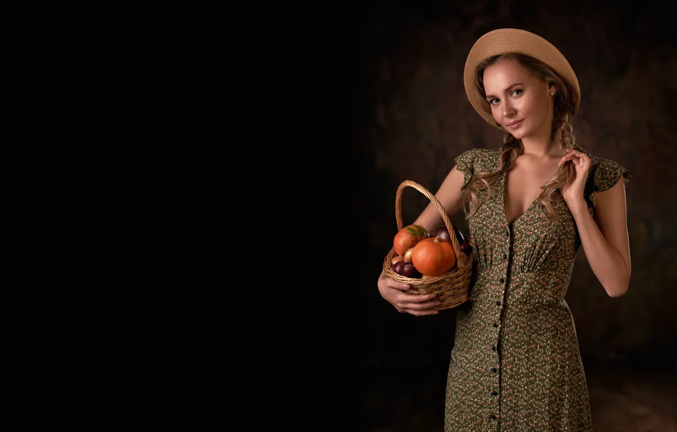 Photo wallpaper look, basket, model, portrait, hat, makeup, dress, hairstyle