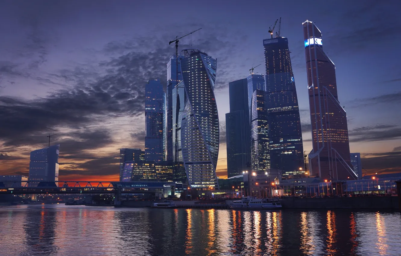 Photo wallpaper Sunset, The sky, River, Skyscrapers, Moscow, Russia, Moscow-City