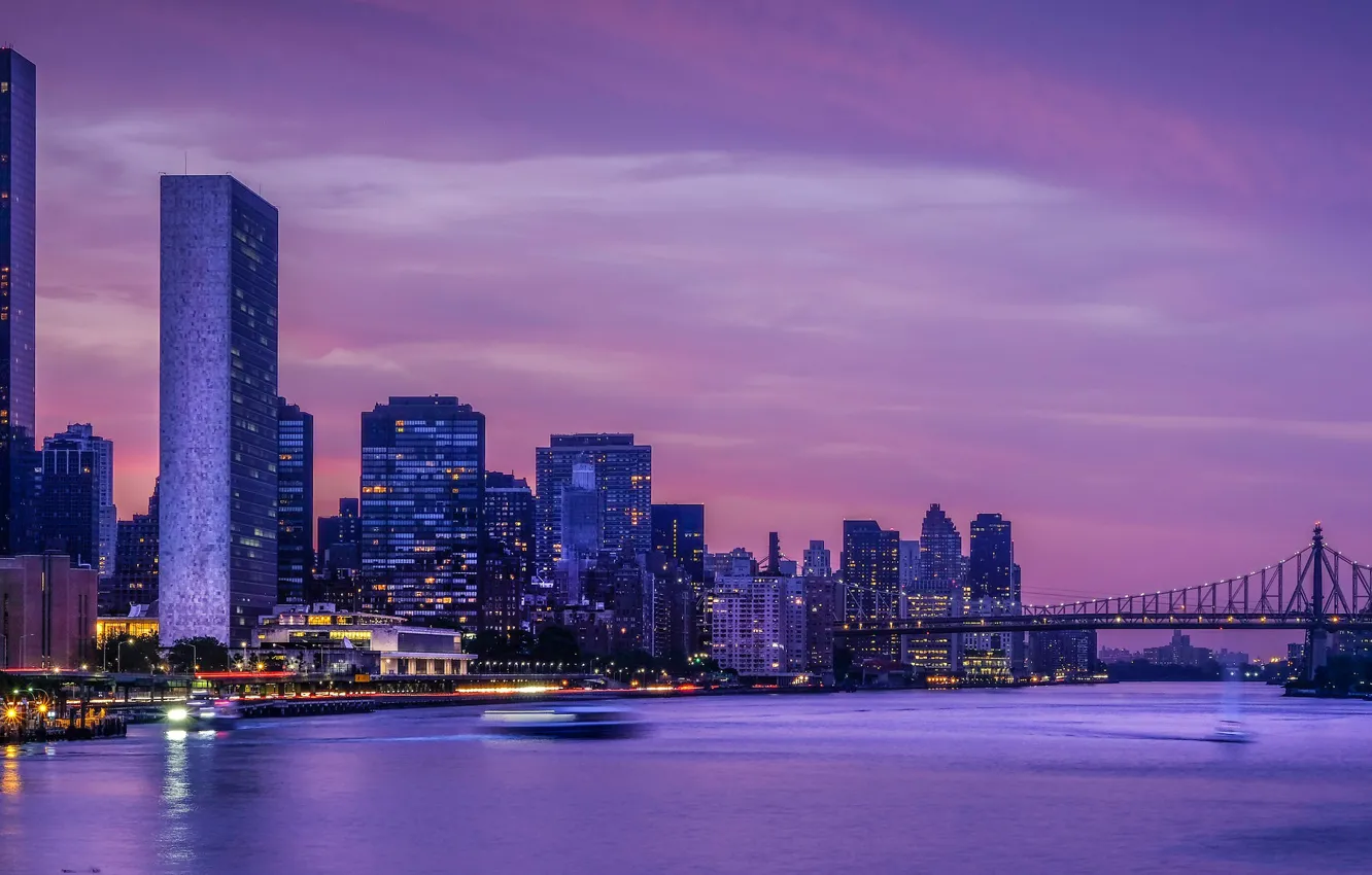 Photo wallpaper bridge, Strait, building, New York, night city, skyscrapers, New York City, East River