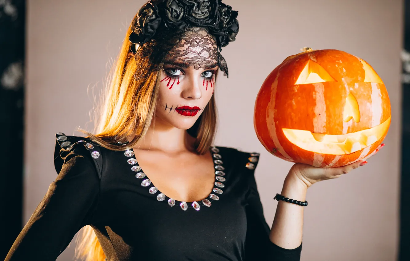 Photo wallpaper autumn, girl, the dark background, holiday, makeup, pumpkin, Halloween, witch