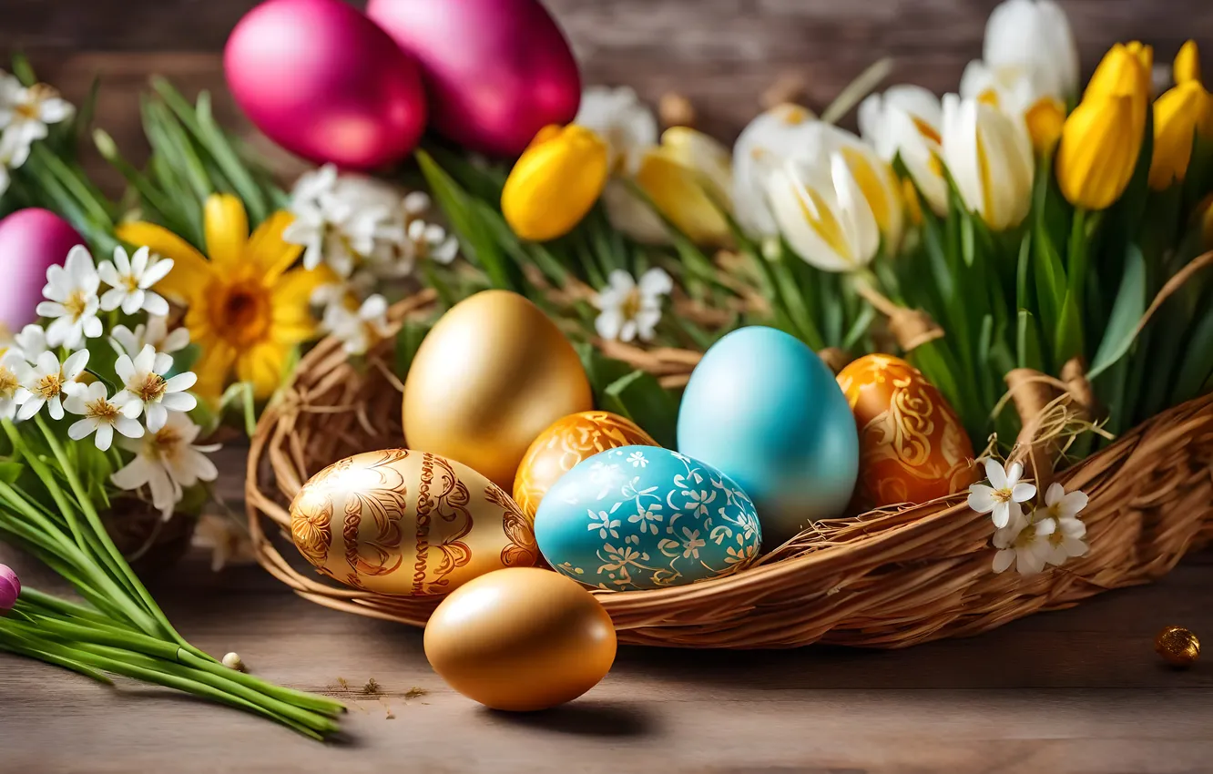 Photo wallpaper flowers, eggs, spring, colorful, Easter, flowers, spring, Easter