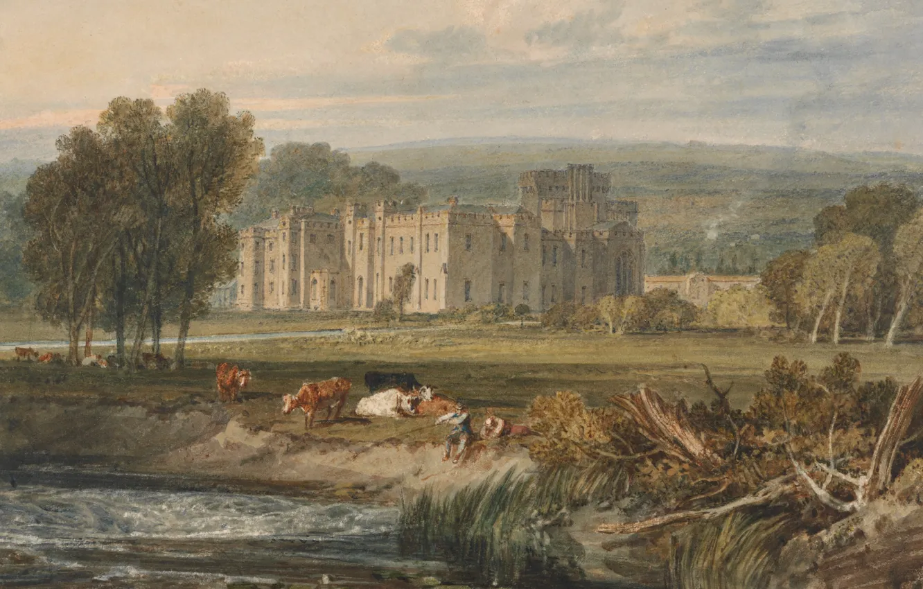 Photo wallpaper trees, landscape, nature, castle, picture, cows, watercolor, William Turner