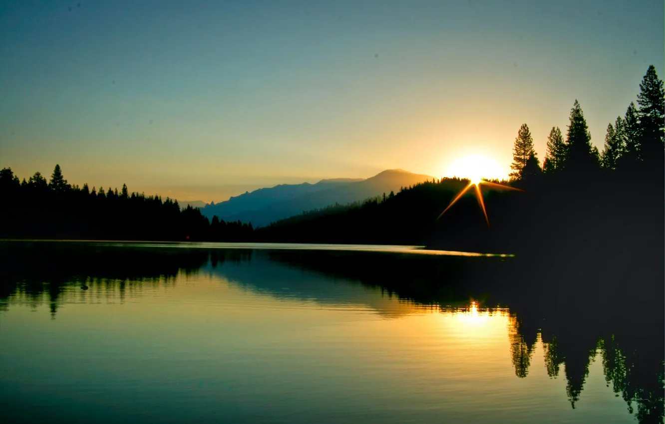 Photo wallpaper forest, nature, reflection, dawn, morning, mountain lake, morning at Hume Lake