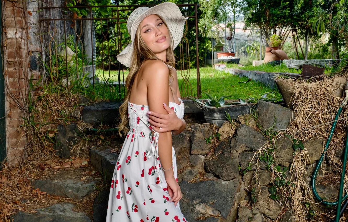 Photo wallpaper long hair, boobs, model, brunette, breasts, gorgeous, posing, cherries