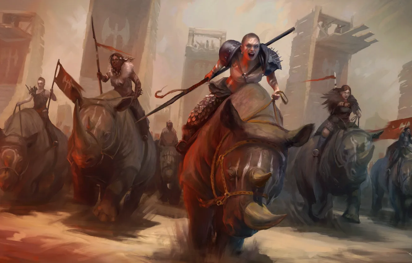 Photo wallpaper animal, Rhino, Amazon, Devushka