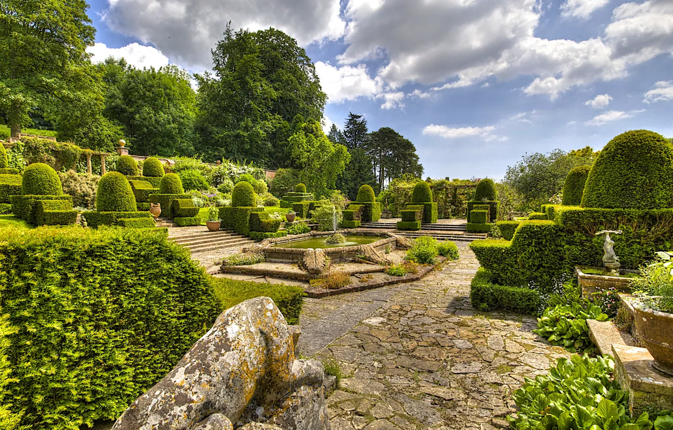 Photo wallpaper greens, clouds, trees, design, England, track, garden, fountain