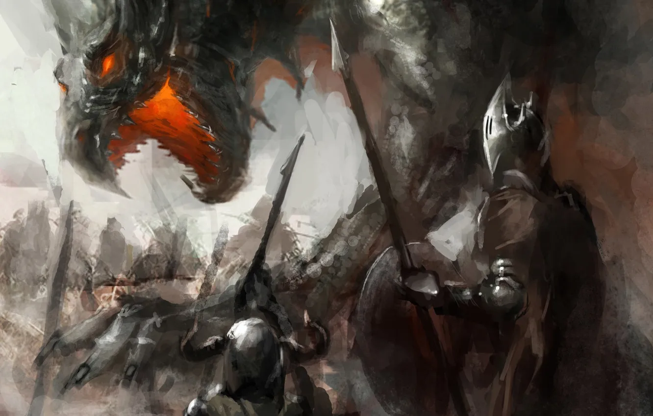 Photo wallpaper weapons, dragon, armor, art, mouth, helmet, battle, shield