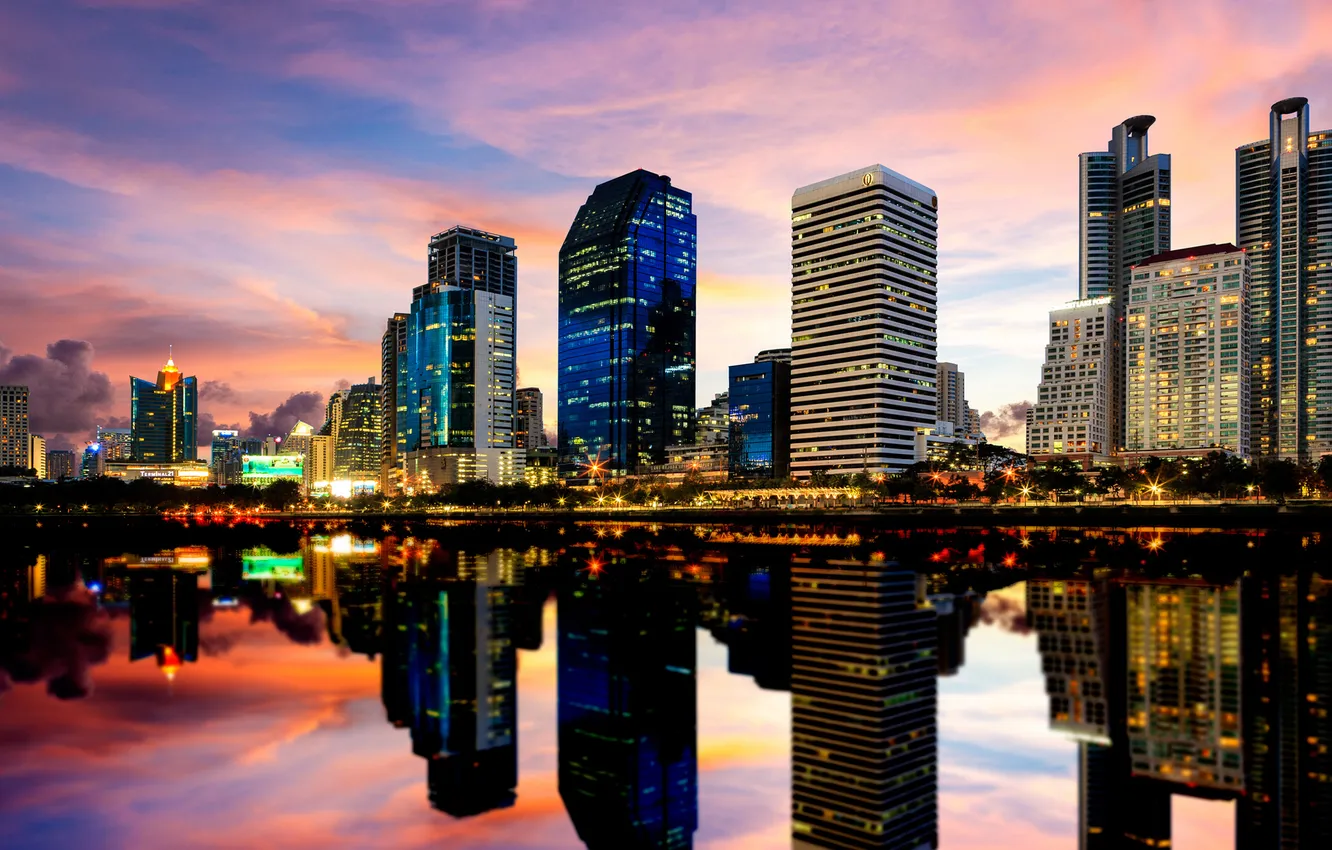 Photo wallpaper sunset, the city, reflection, river, building, skyscrapers, Thailand, Bangkok