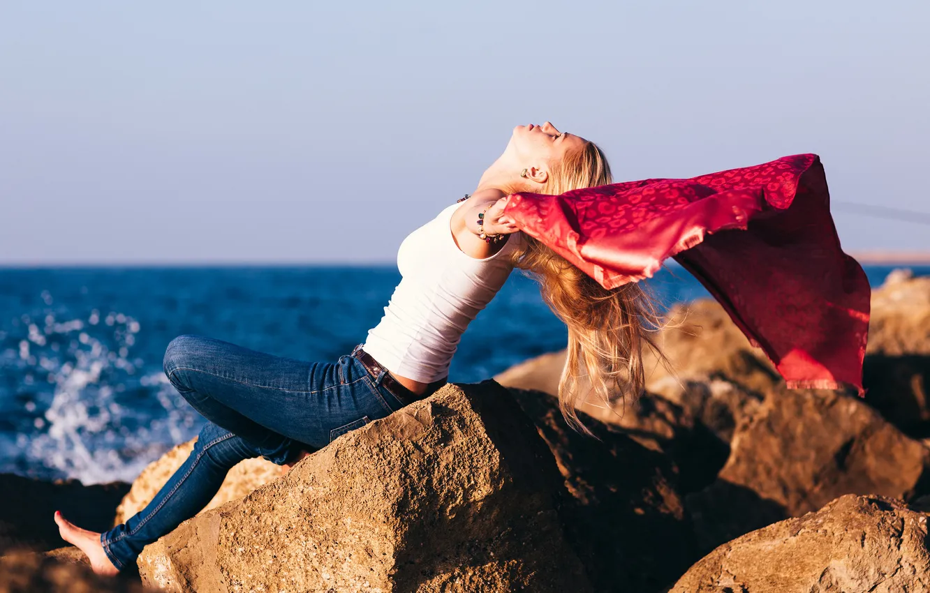 Photo wallpaper freedom, girl, stones, the wind, shore