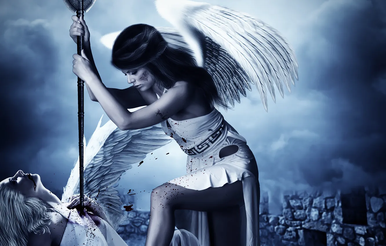 Photo wallpaper the sky, girl, face, weapons, fiction, pattern, blood, wings