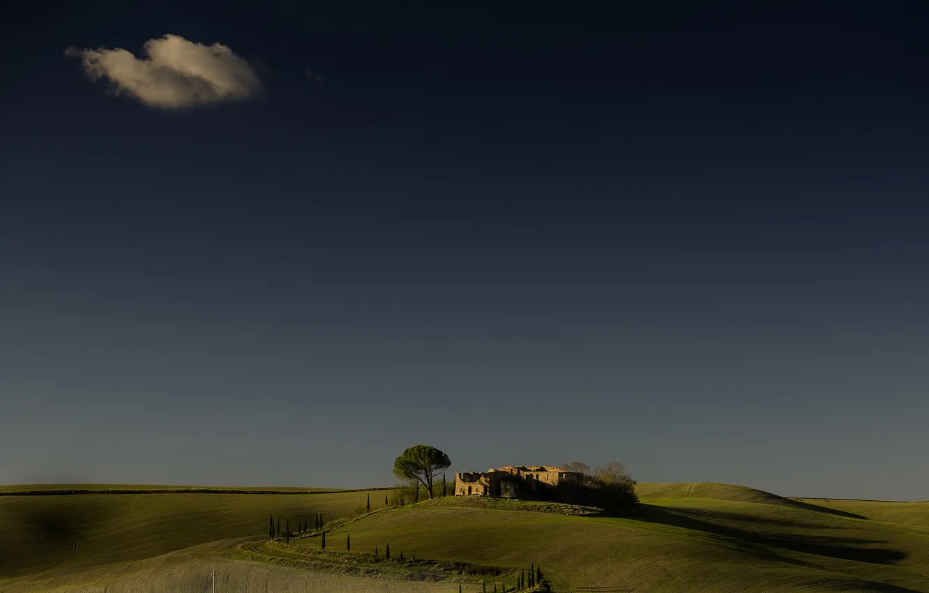 Photo wallpaper field, the sky, clouds, trees, house, shadow, Italy, devastation