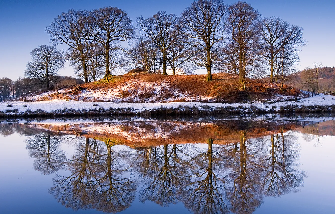 Photo wallpaper winter, snow, trees, nature, reflection, river, shore
