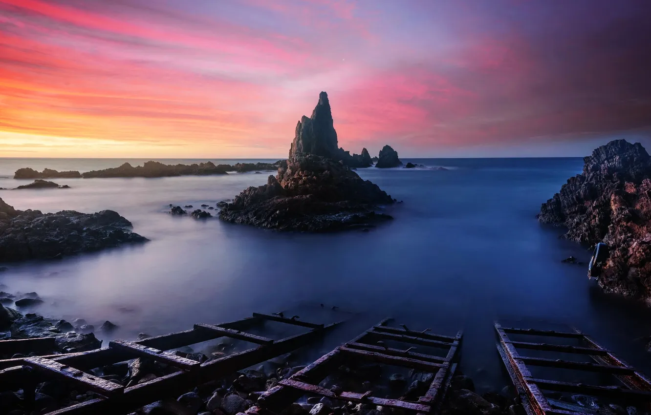 Photo wallpaper sea, sunset, rocks