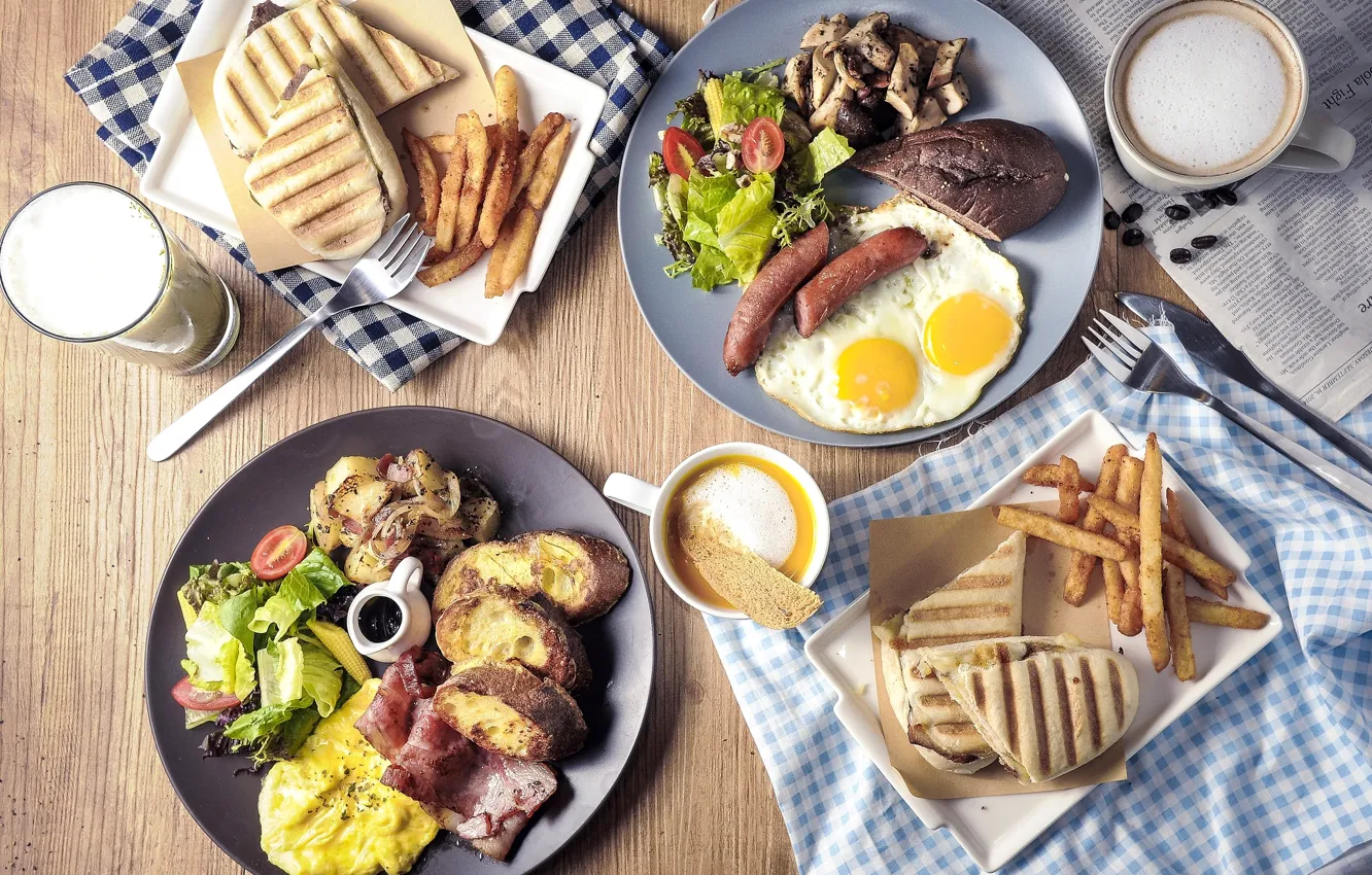 Photo wallpaper sausage, coffee, bread, meat, scrambled eggs, meals, potatoes, cuts
