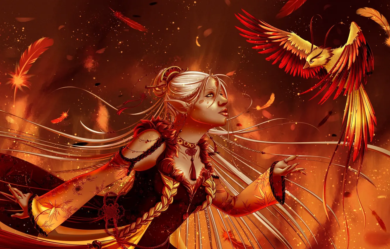 Photo wallpaper girl, bird, elf