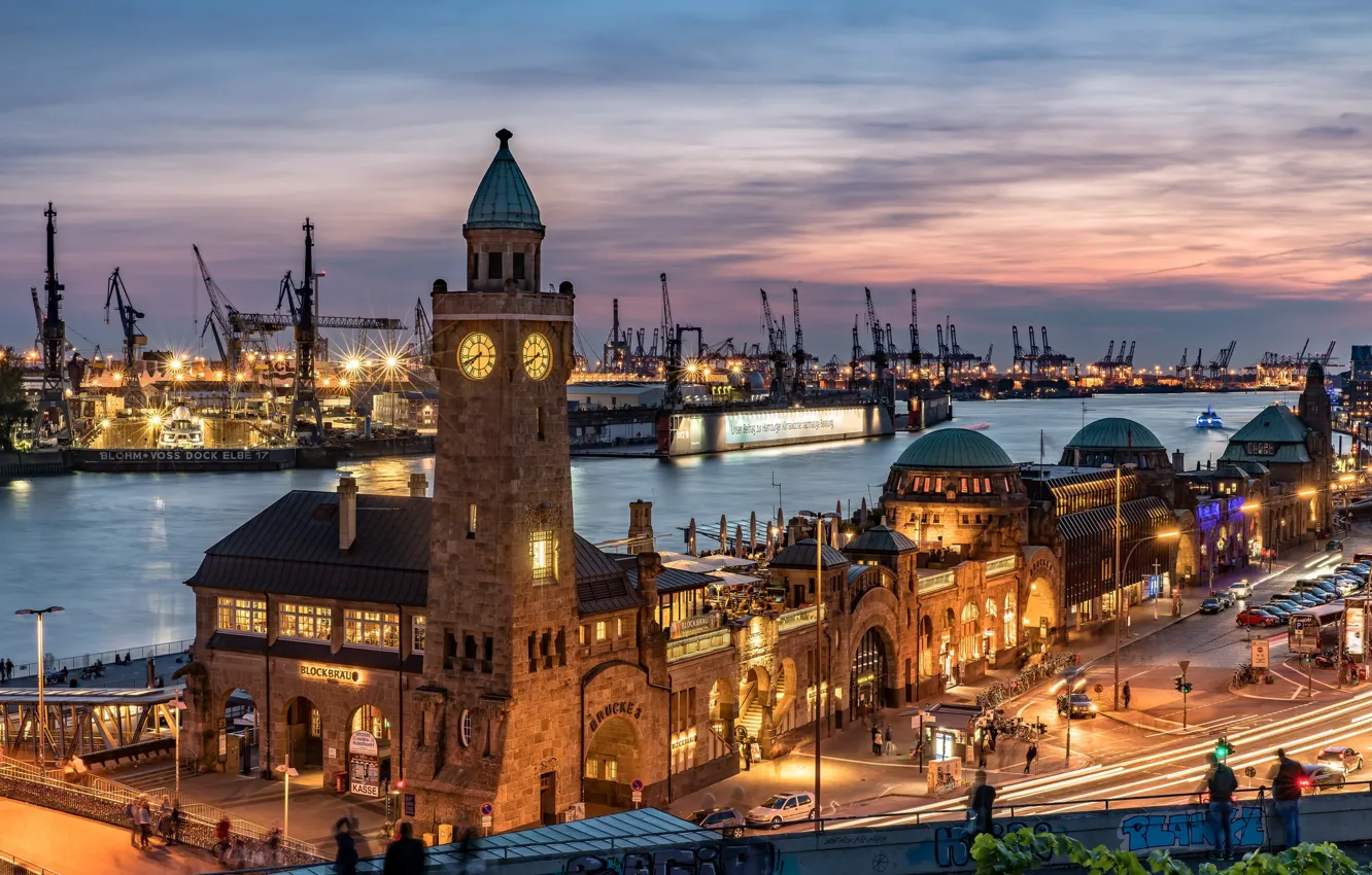 Photo wallpaper night, lights, tower, home, crane, Germany, port, Hamburg