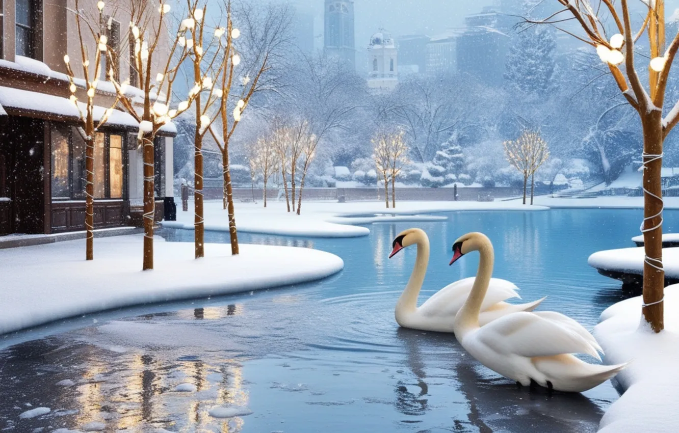 Photo wallpaper winter, snow, the city, bird, swans, pond, AI art, neural network