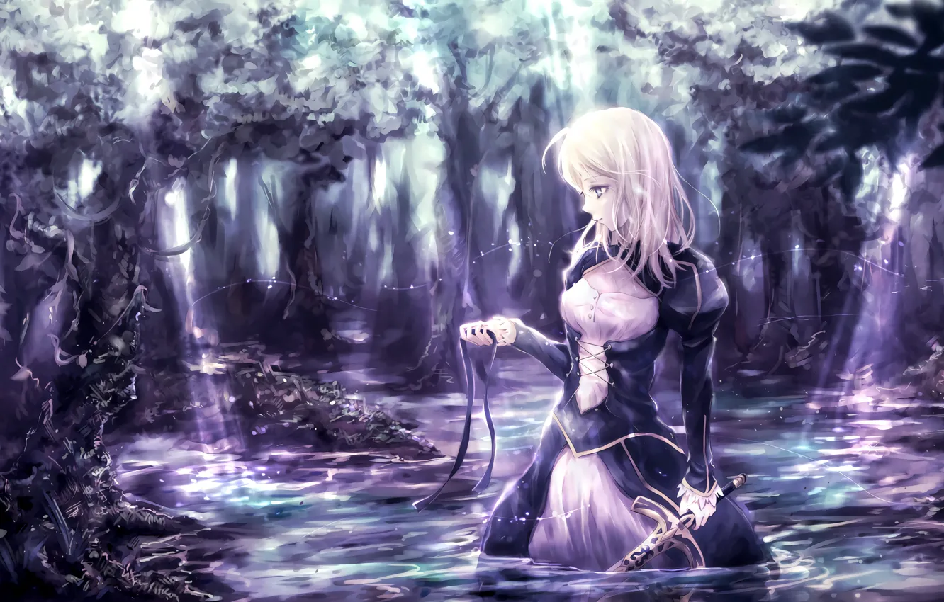 Photo wallpaper forest, girl, lake, sword, tape, the saber, Fate stay night, Fate / Stay Night