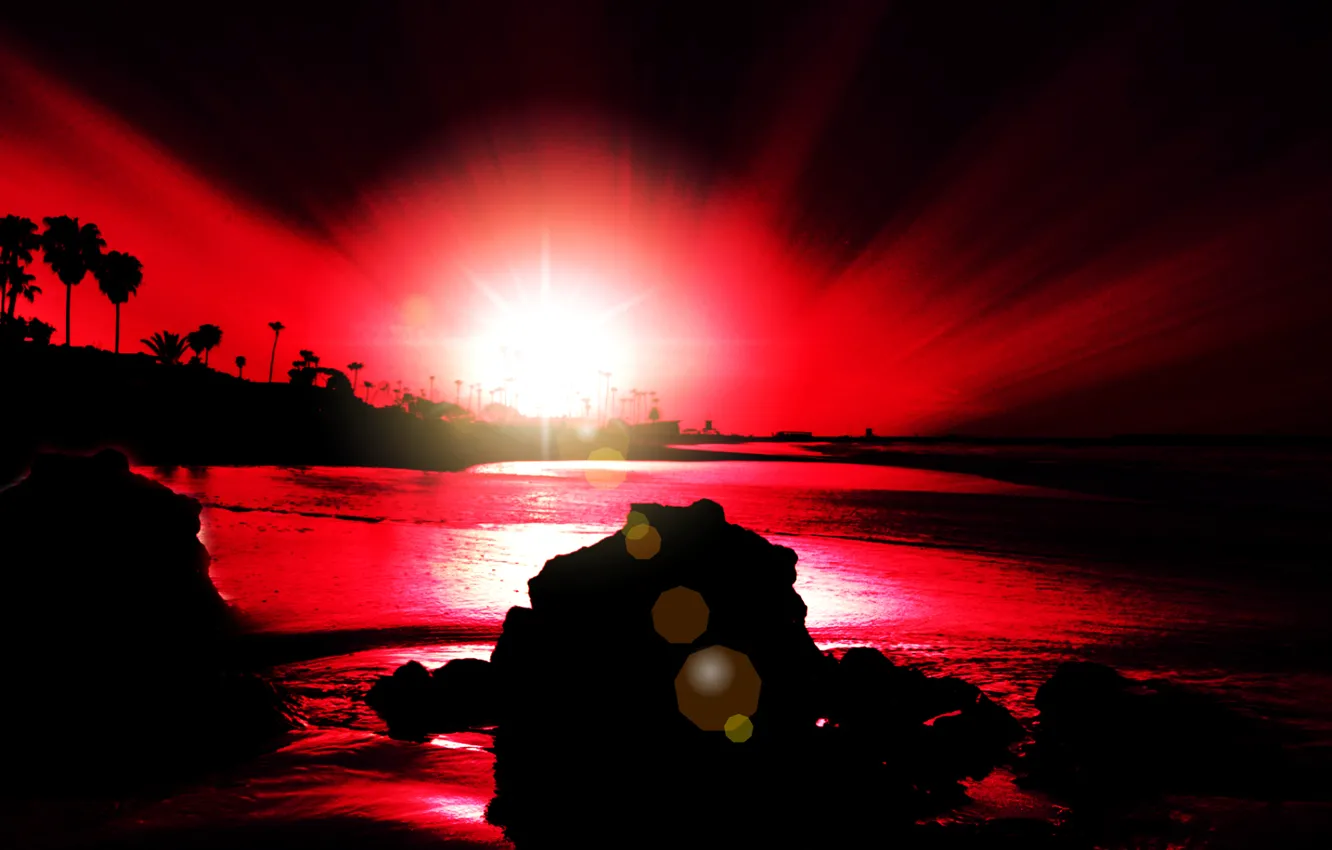 Photo wallpaper sea, the sky, rays, sunset, stones, palm trees