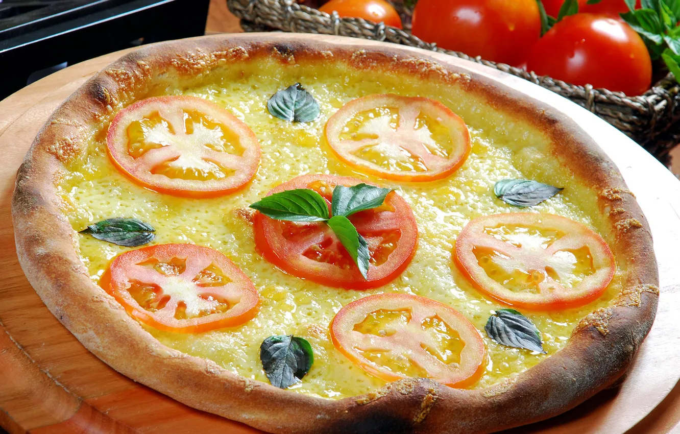 Photo wallpaper cheese, vegetables, pizza, tomatoes, pizza, filling, Basil