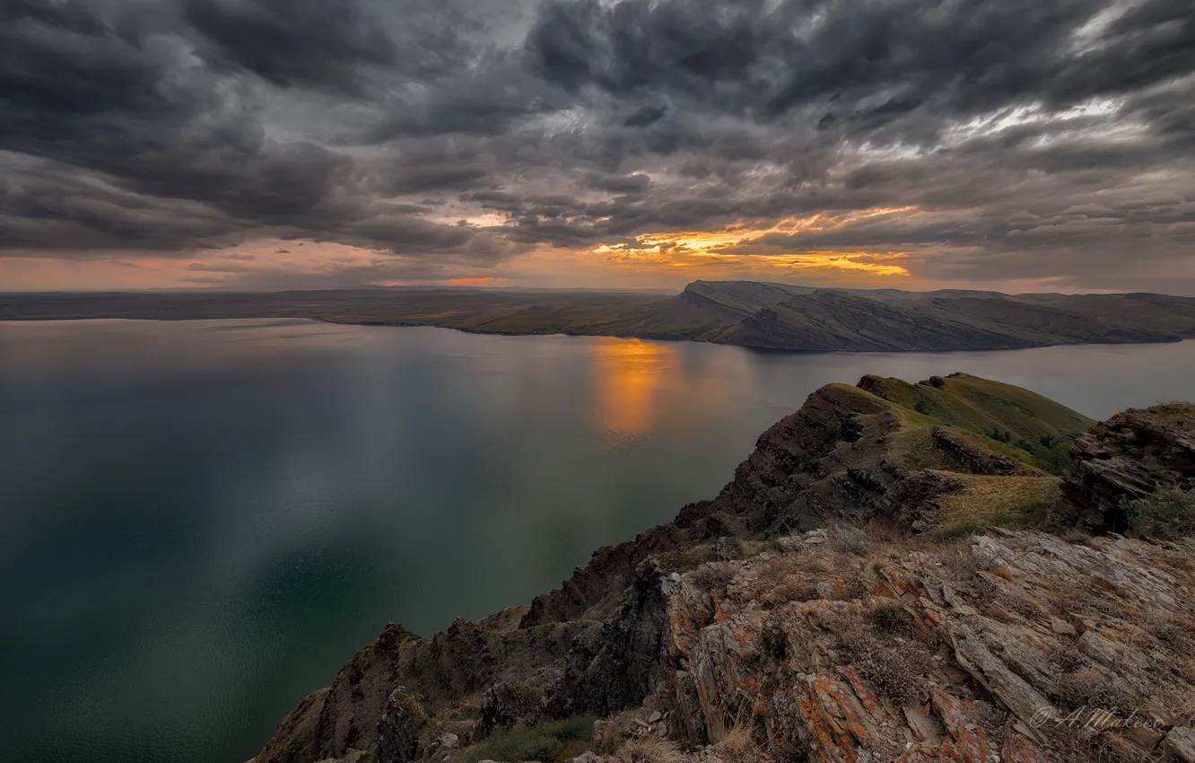 Photo wallpaper sea, landscape, sunset, mountains, clouds, nature, rocks