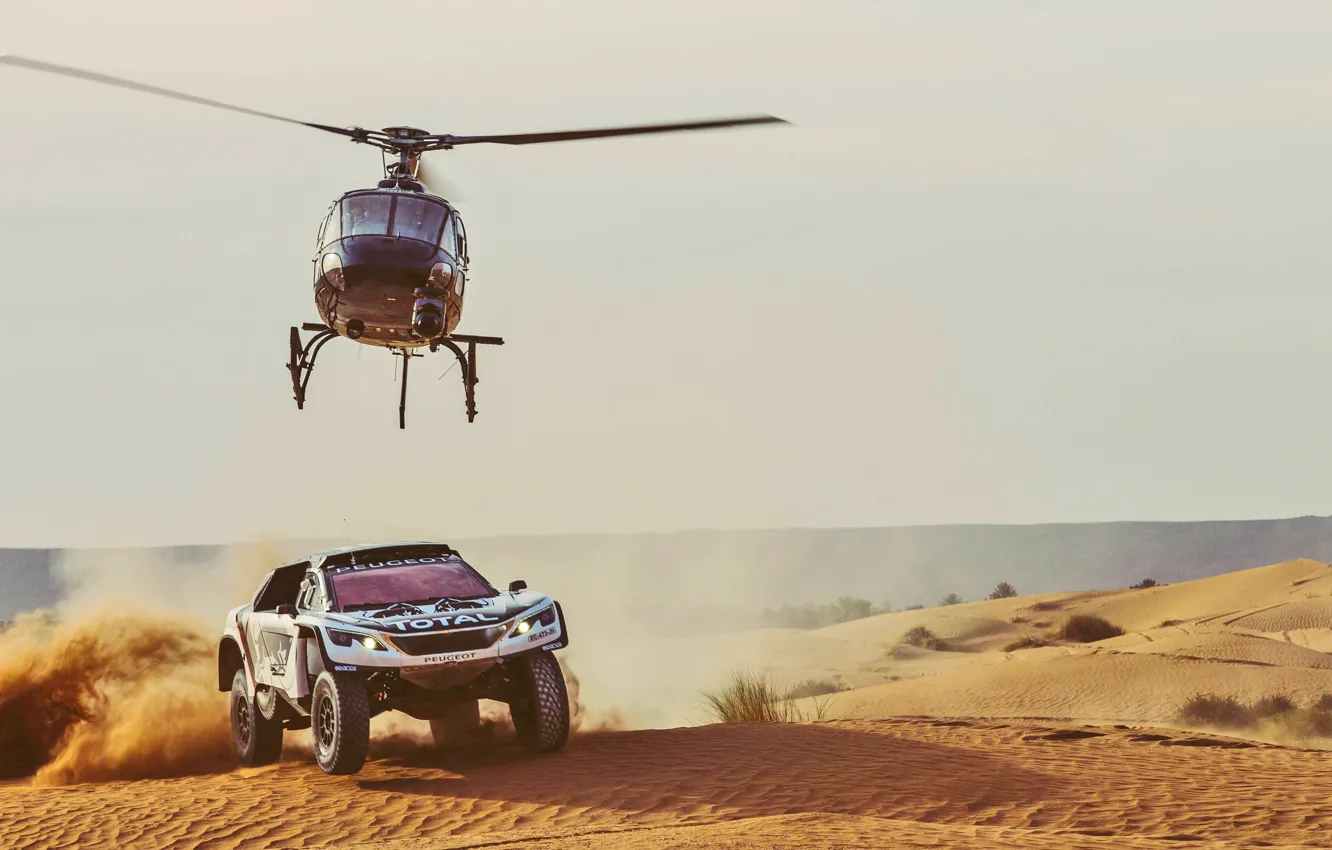 Photo wallpaper Sand, Sport, Speed, Flight, Helicopter, Race, Peugeot, Lights