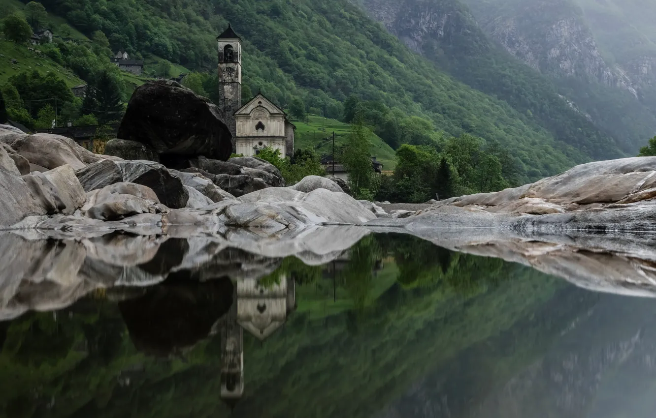 Photo wallpaper mountains, lake, reflection, Switzerland, Church