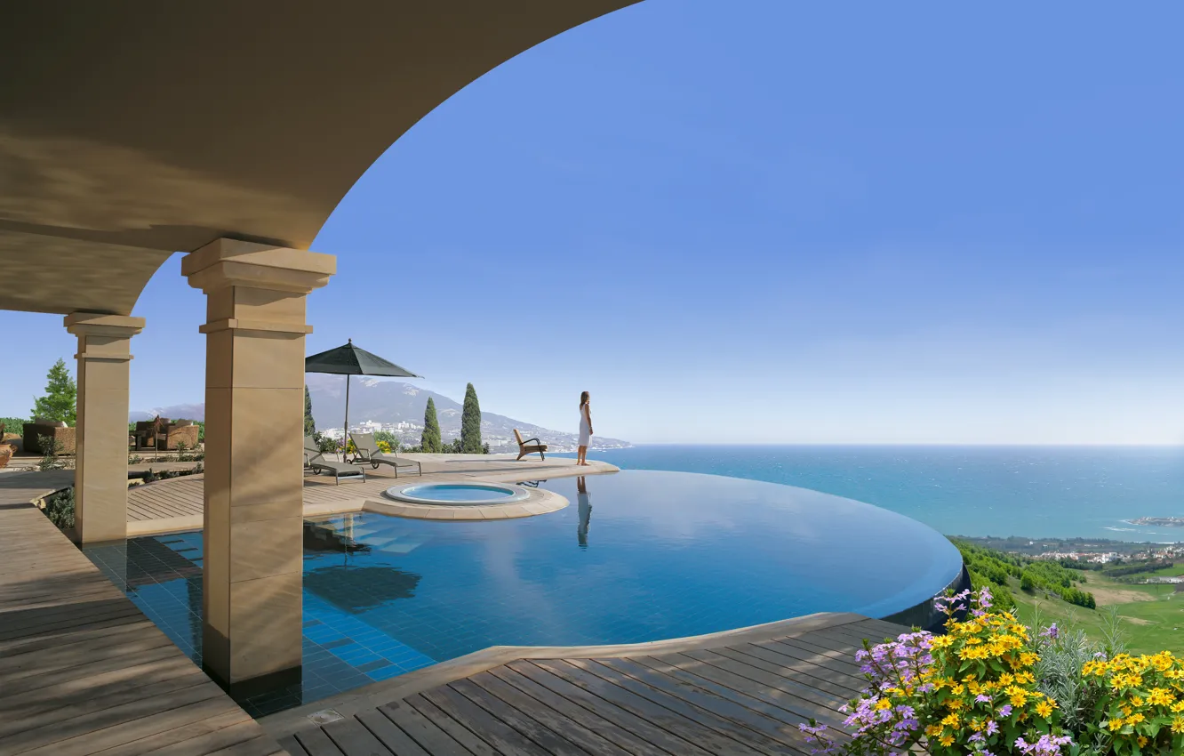 Photo wallpaper woman, Villa, pool, resort, sea view, Cyprus, Cyprus, sea view