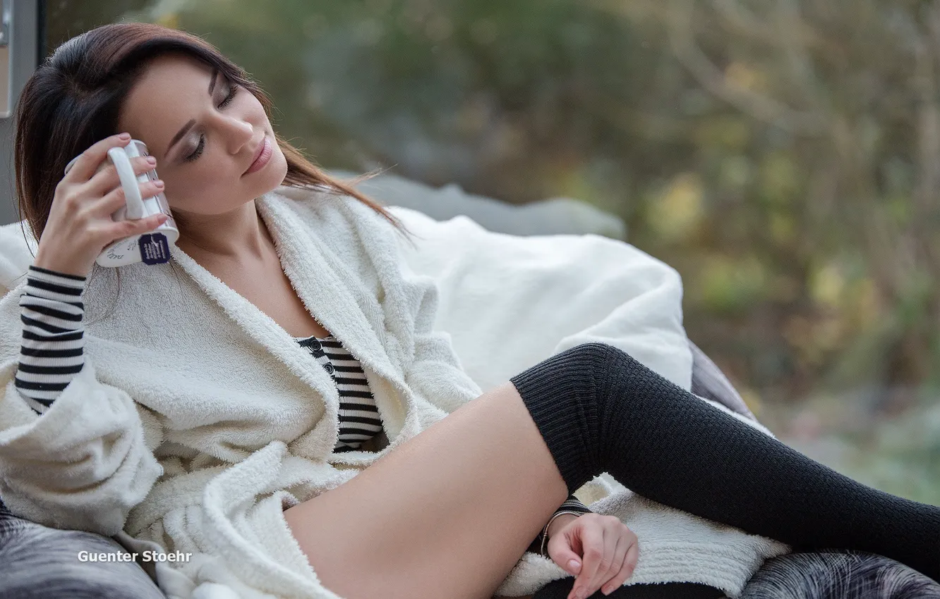 Photo wallpaper pose, model, portrait, chair, stockings, makeup, Mike, brunette