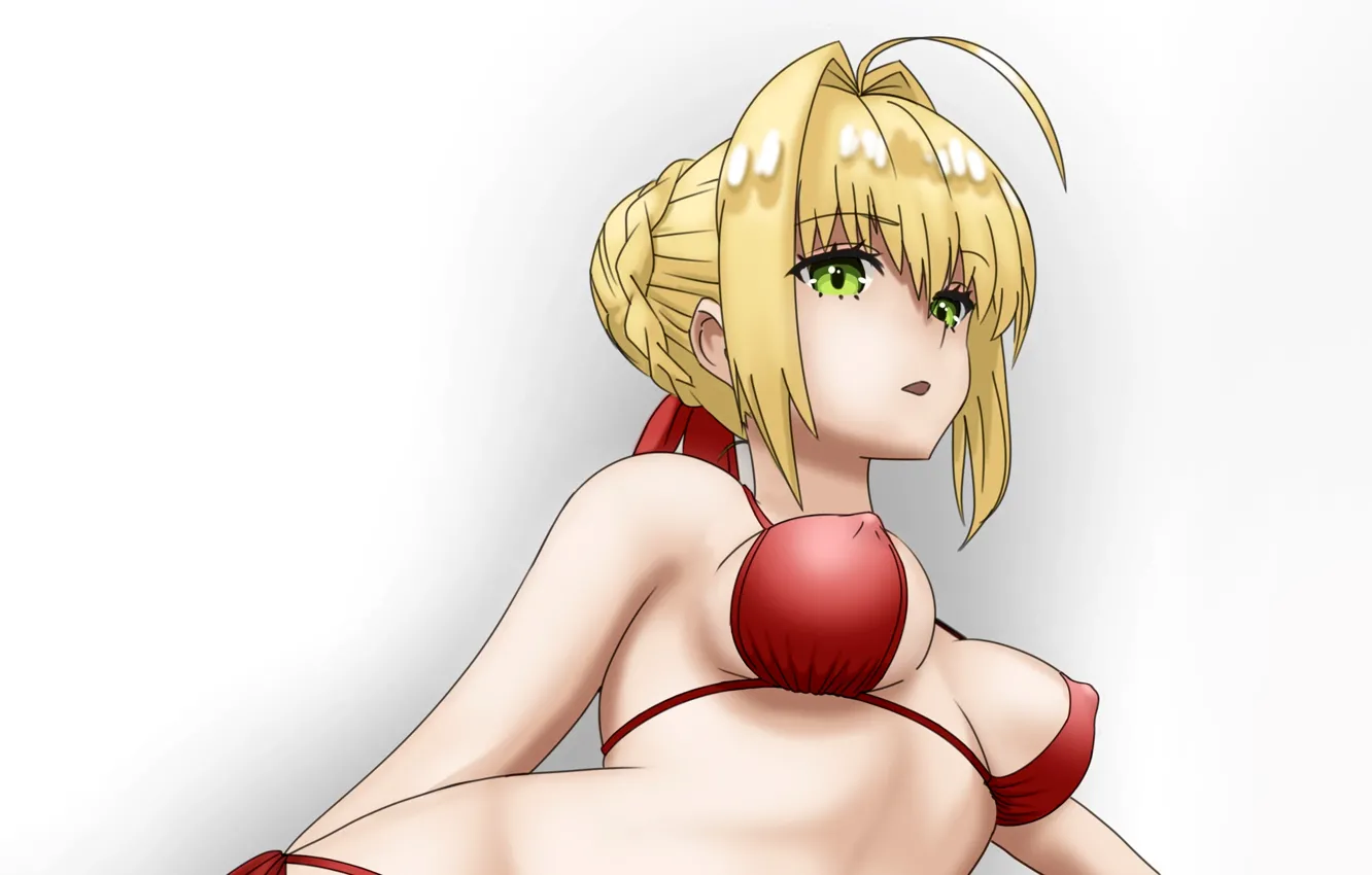 Photo wallpaper girl, sexy, cleavage, boobs, saber, anime, beautiful, short hair