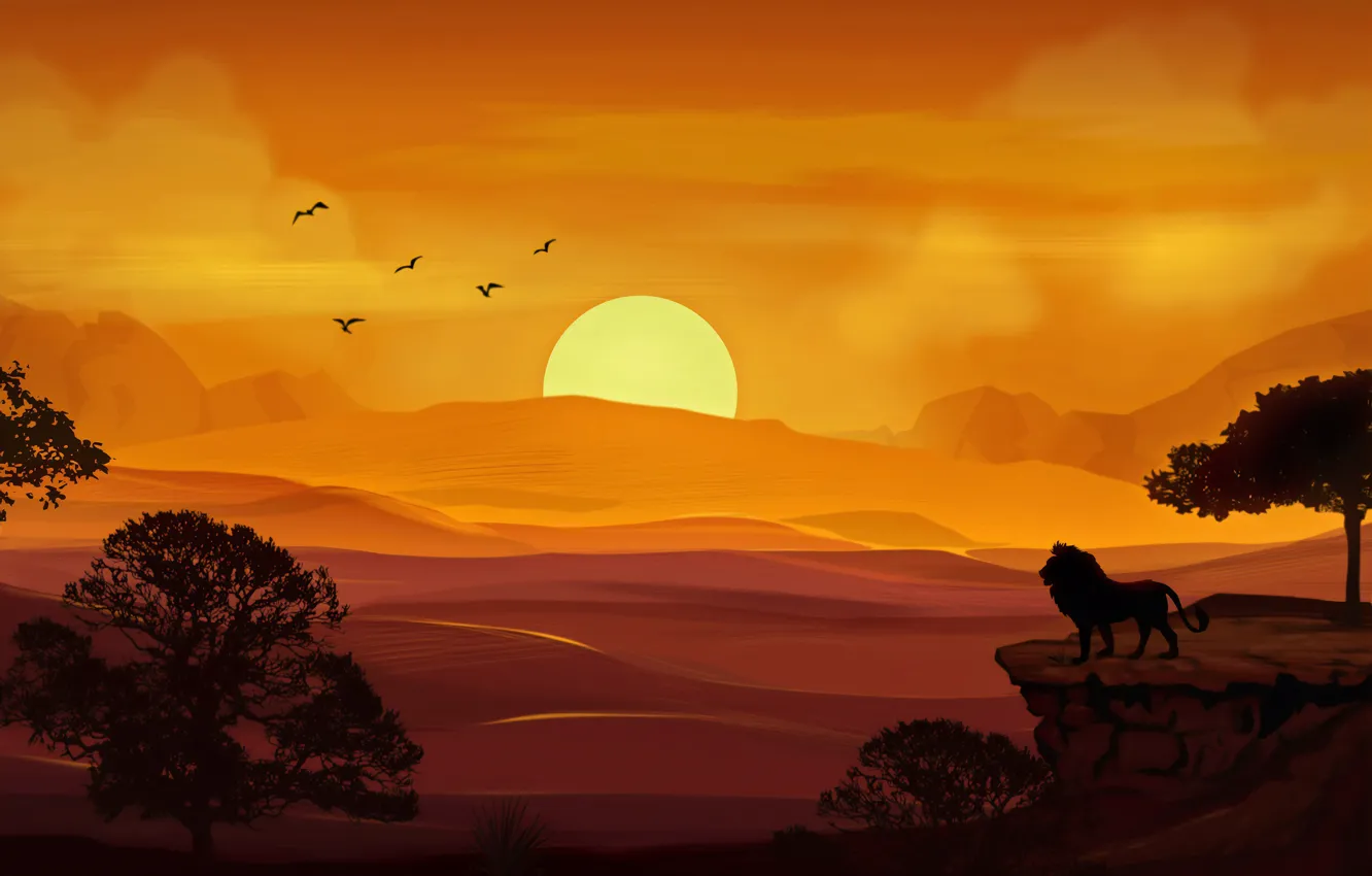 Photo wallpaper the sun, trees, sunset, Leo, art