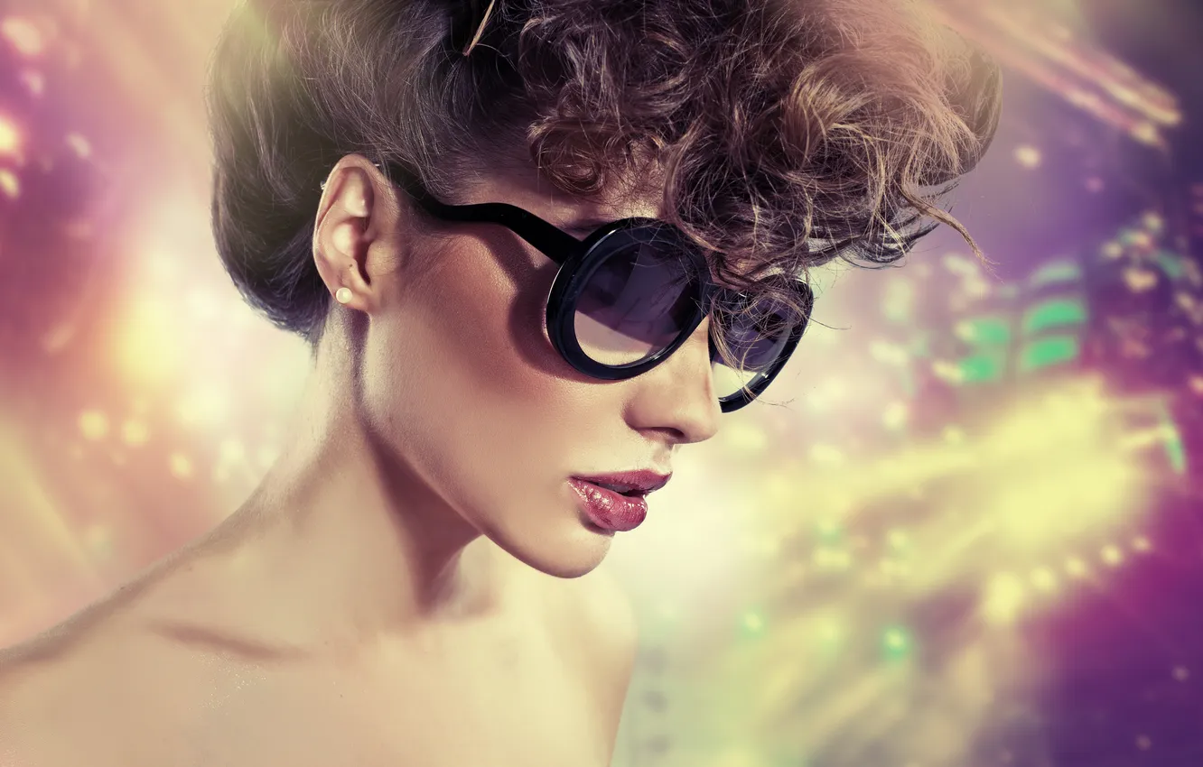 Photo wallpaper girl, makeup, glasses, hairstyle, profile, curls
