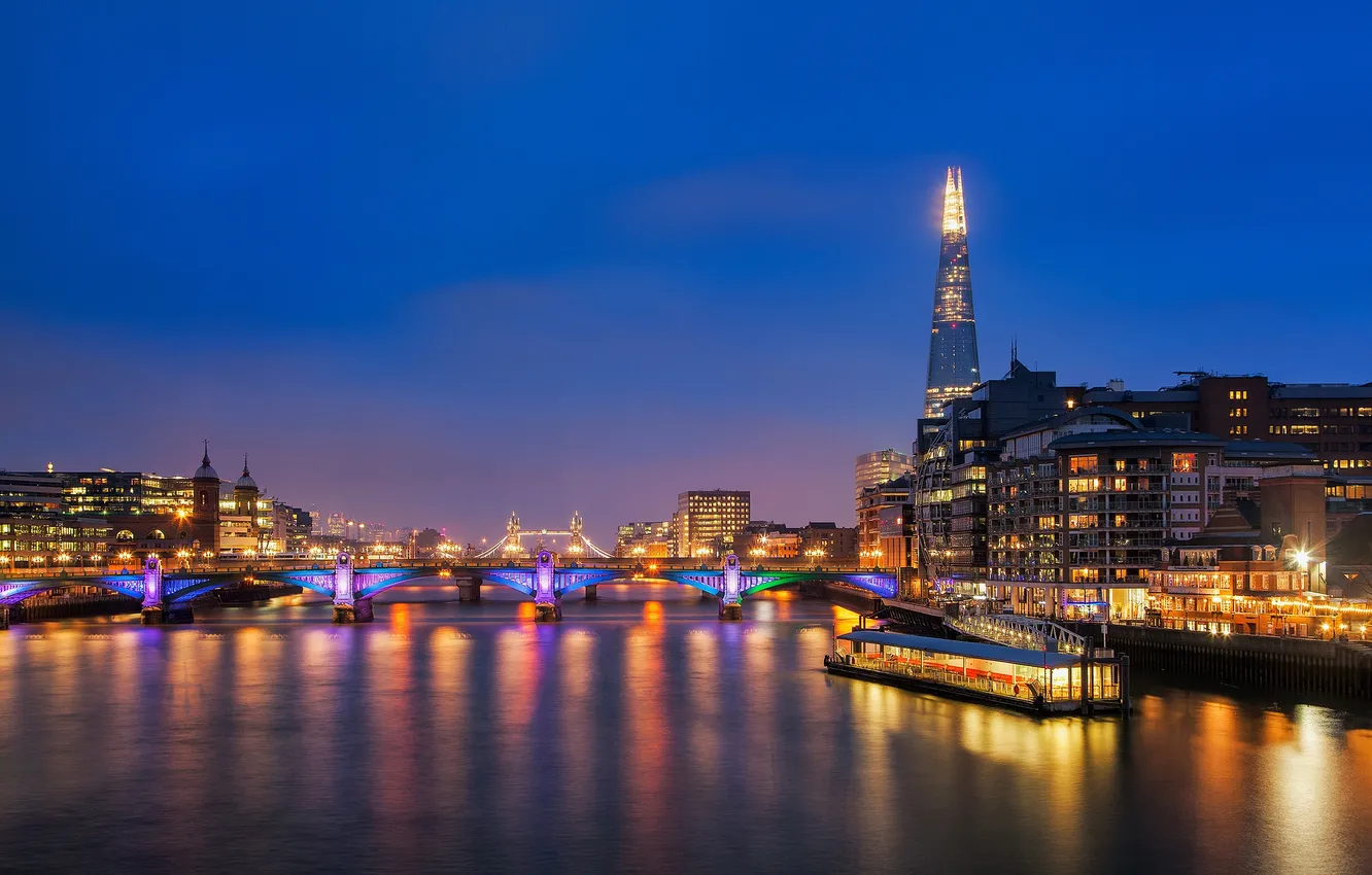 Photo wallpaper night, bridge, lights, river, England, London, tower