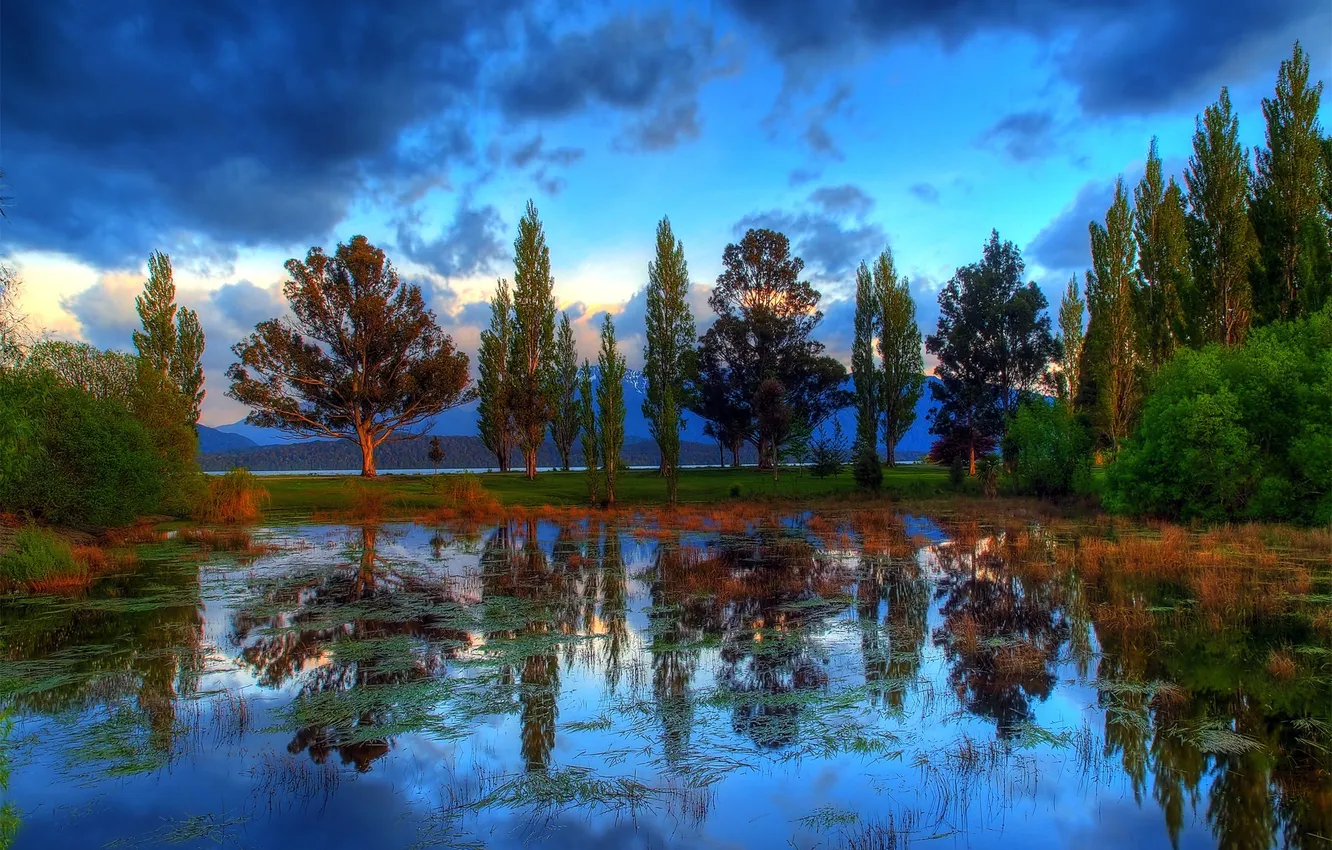 Photo wallpaper the sky, clouds, trees, mountains, pond, reflection