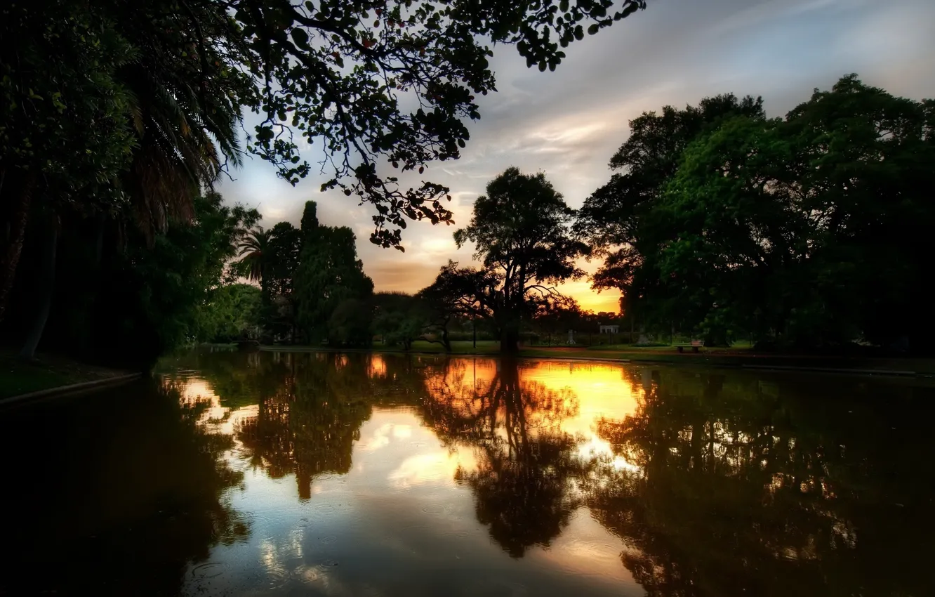 Photo wallpaper trees, sunset, lake, Park, reflection, the evening, pond