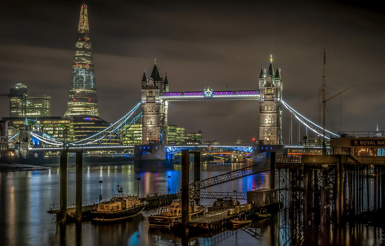 Photo wallpaper night, lights, river, England, UK, London