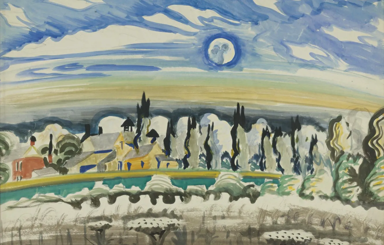 Photo wallpaper 1917, Charles Ephraim Burchfield, Moon over Village