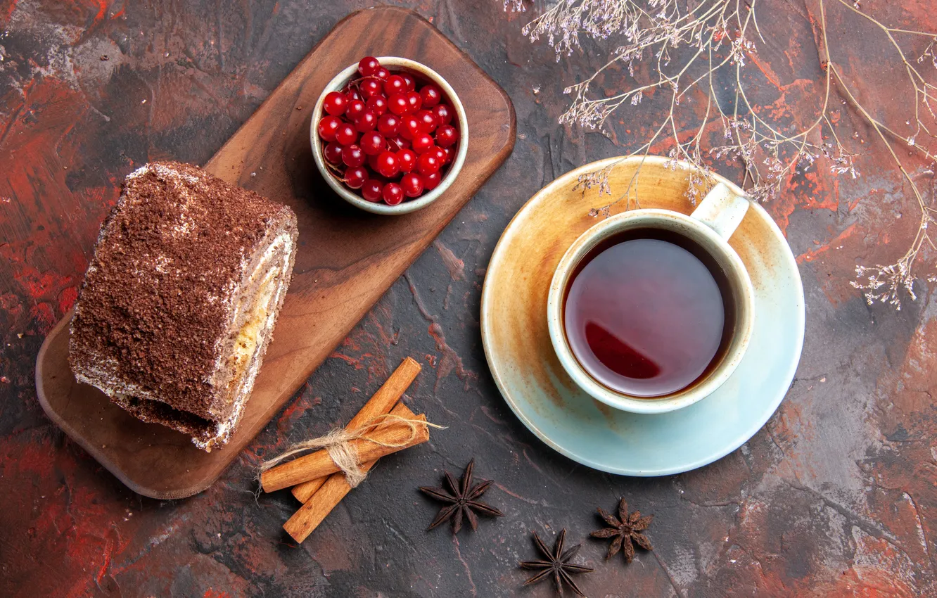 Photo wallpaper berries, sprig, tea, the tea party, Cup, bowl, cinnamon, dessert