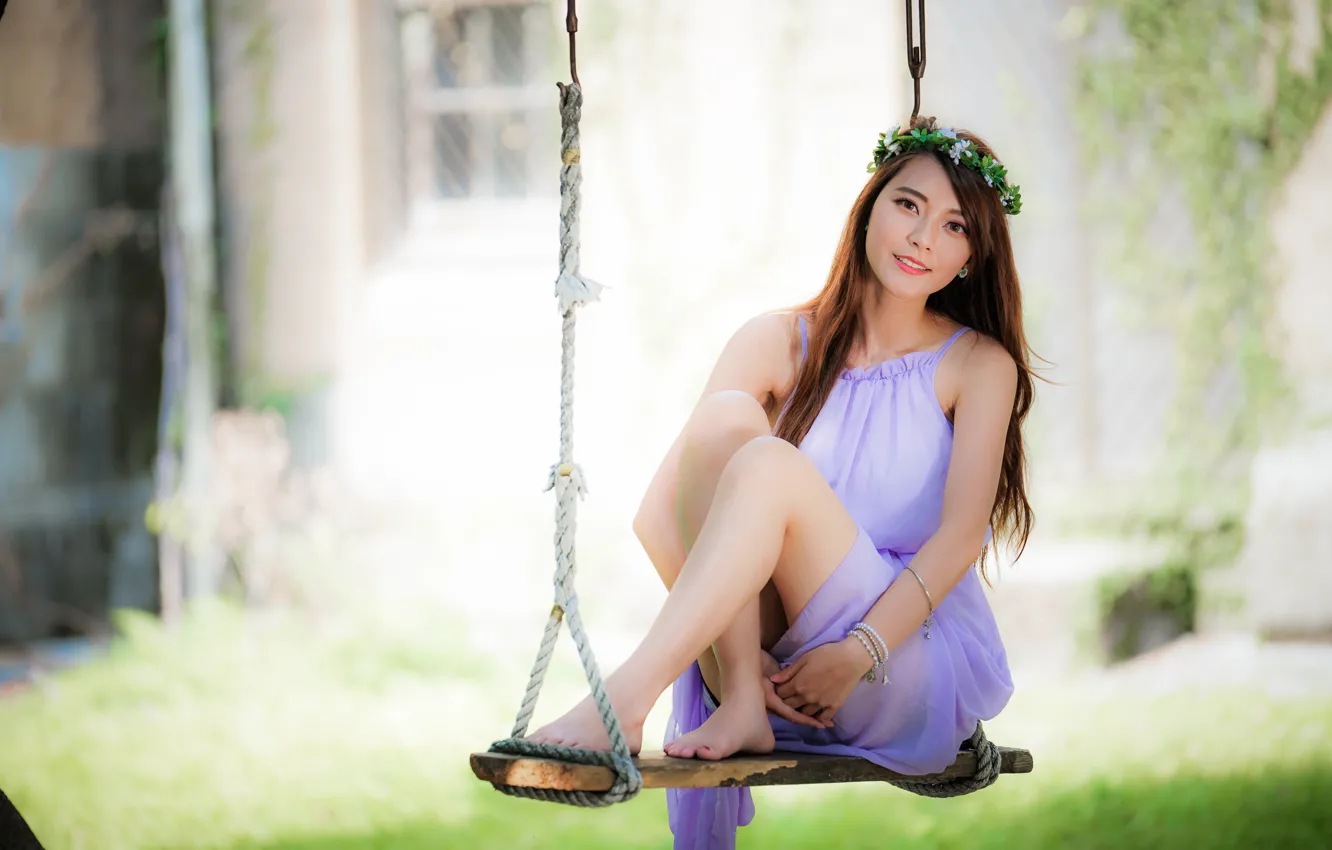 Photo wallpaper girl, swing, Asian, cutie, bokeh