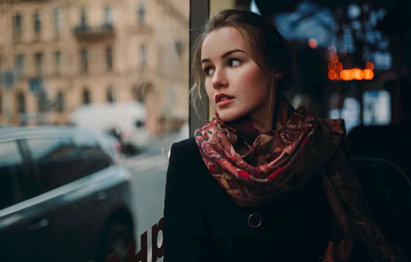 Photo wallpaper look, girl, movement, mood, transport, portrait, scarf, hairstyle