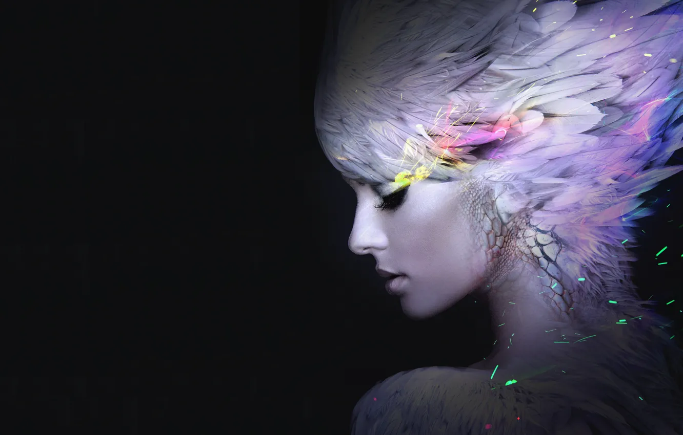 Photo wallpaper girl, feathers, art, profile, black background, fatastika