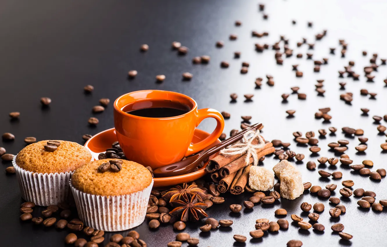 Photo wallpaper background, coffee, cinnamon, coffee beans, cupcakes, Anis